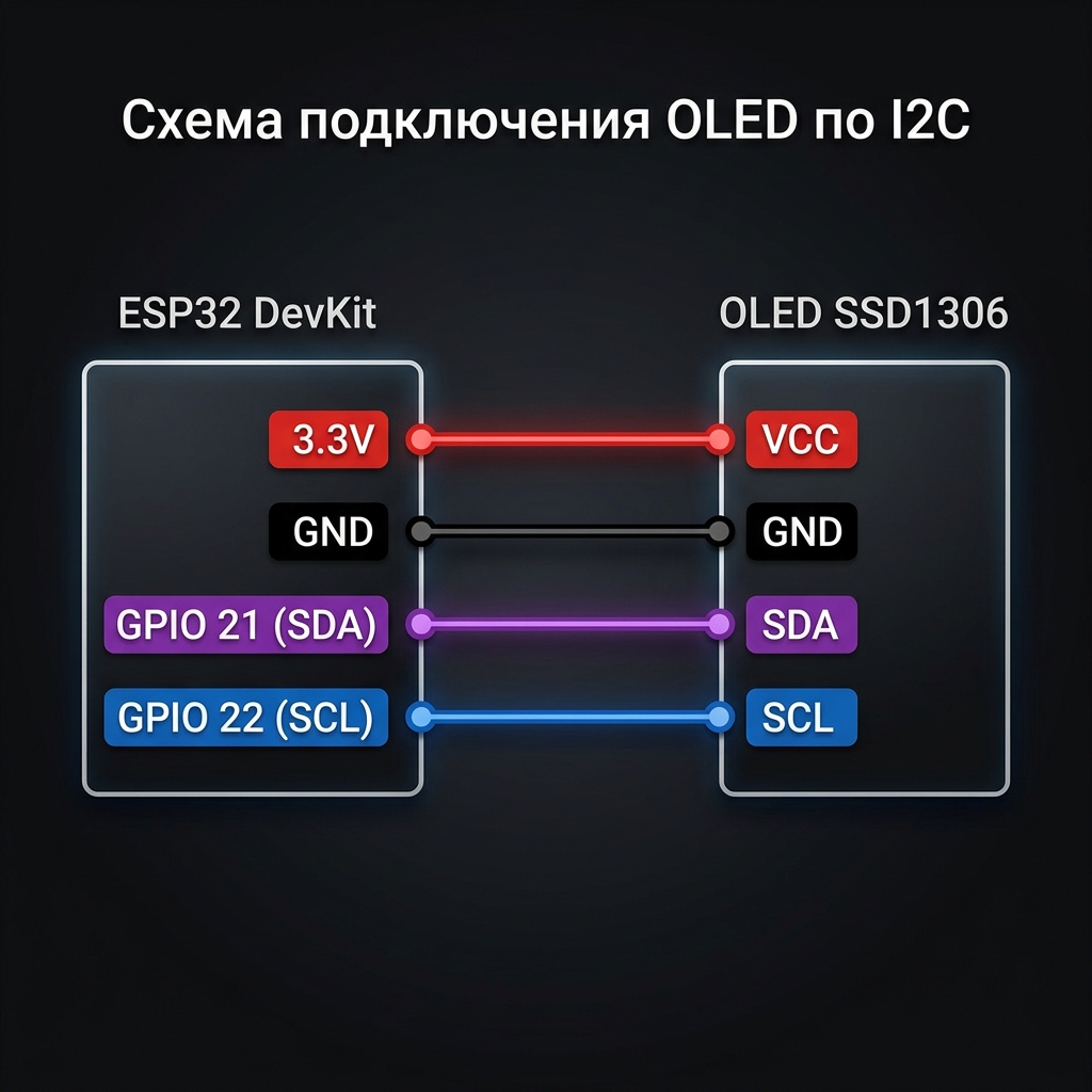 Схема подключения OLED SSD1306 к ESP32 по I2C: VCC, GND, SDA, SCL